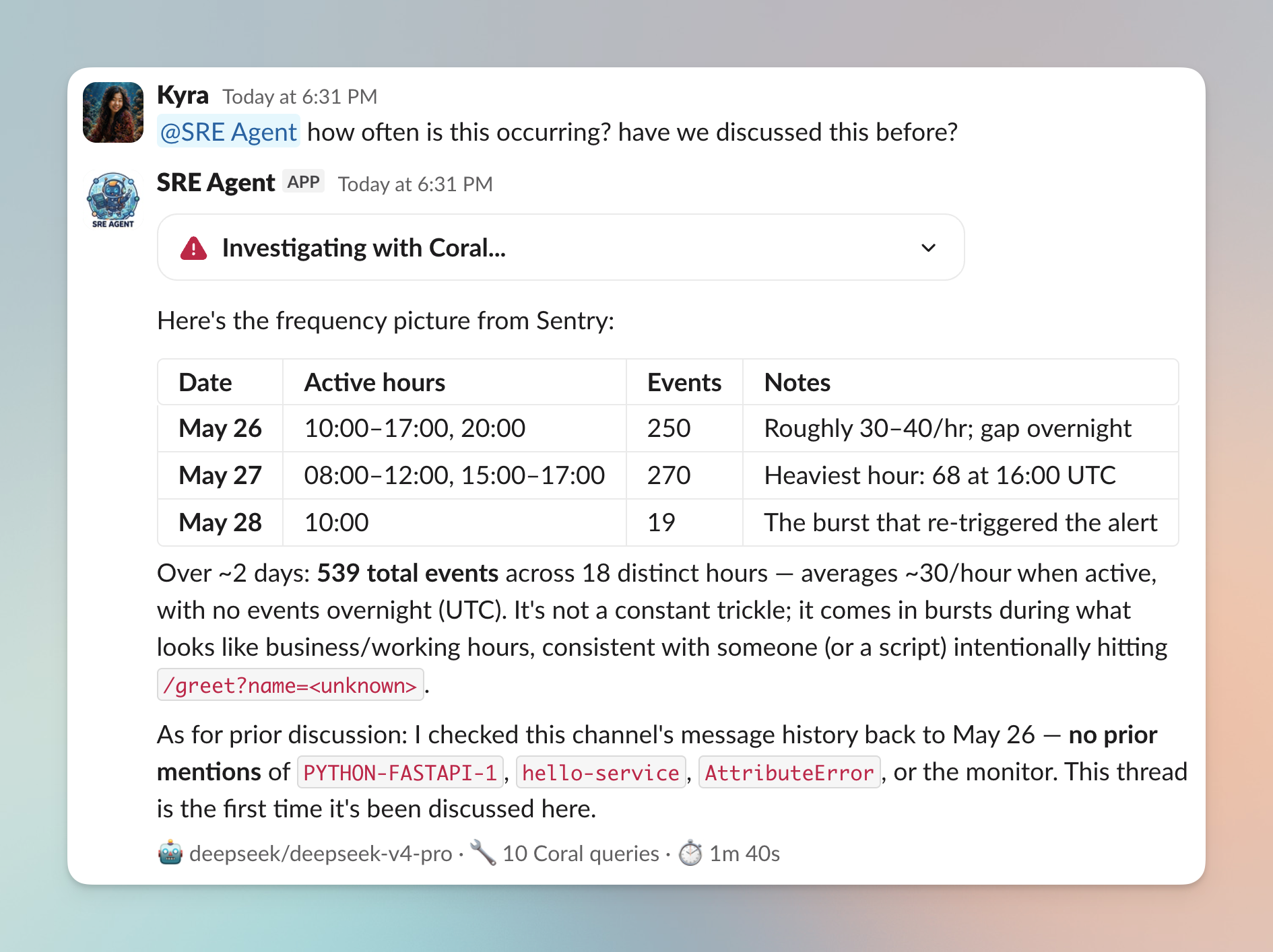 Slack thread showing the SRE agent's frequency breakdown and prior-discussion check